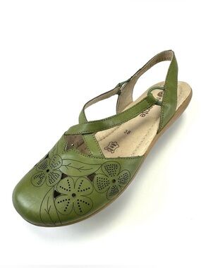 Remonte green flat slingback shoes Size 38 Round toe perforated leather Folklore
